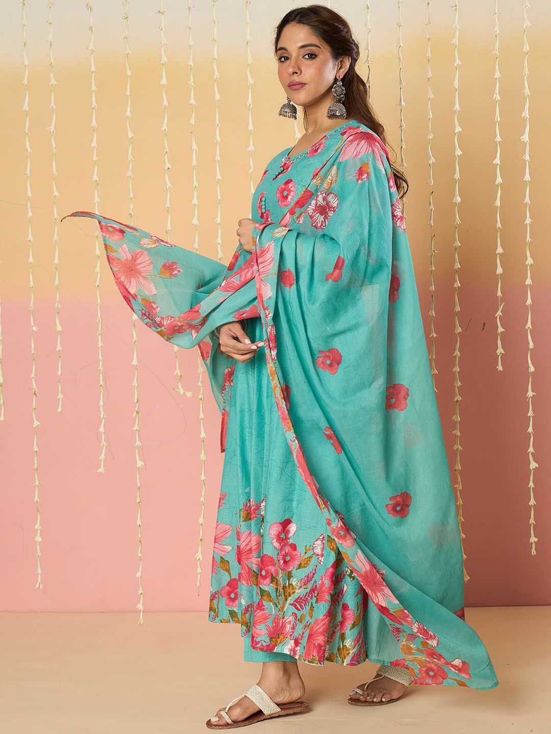 Floral Printed Pure Cotton Anarkali Kurta With Trousers & Dupatta