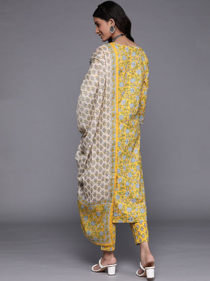 Dhiyona VA Women's Yellow Floral Printed Pure Cotton Kurta with Trousers & With Dupatta