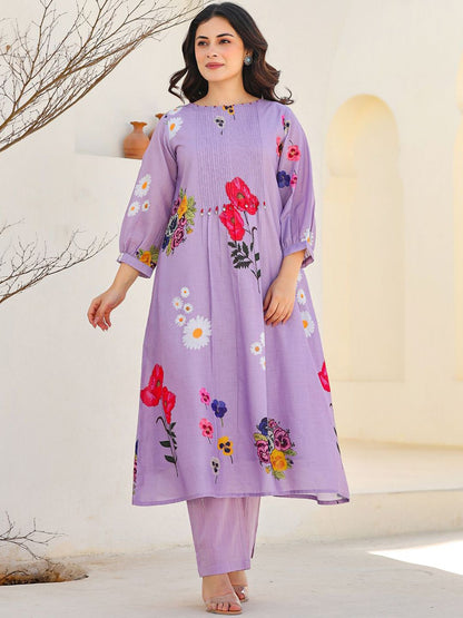 Floral Printed Pure Cotton Kurta With Trousers