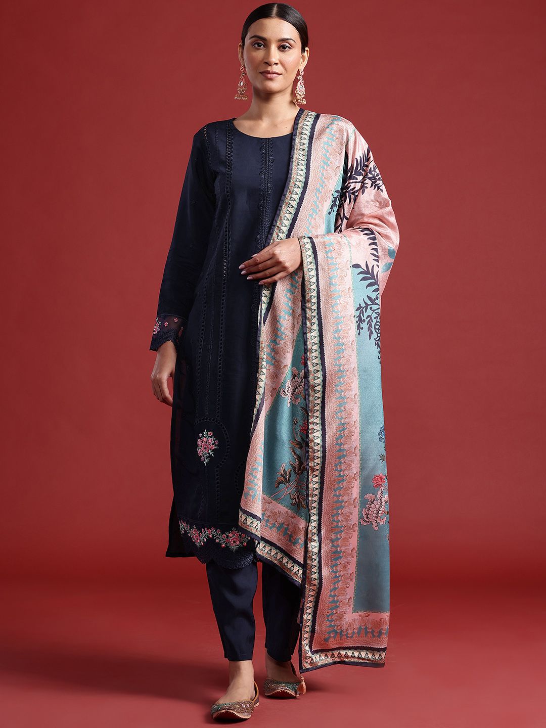 Floral Embroidered Thread Work Kurta With Trousers & Dupatta