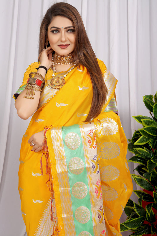 Dhiyona GR Women's Chandramukhi Yellow Zari Paithani Silk Saree