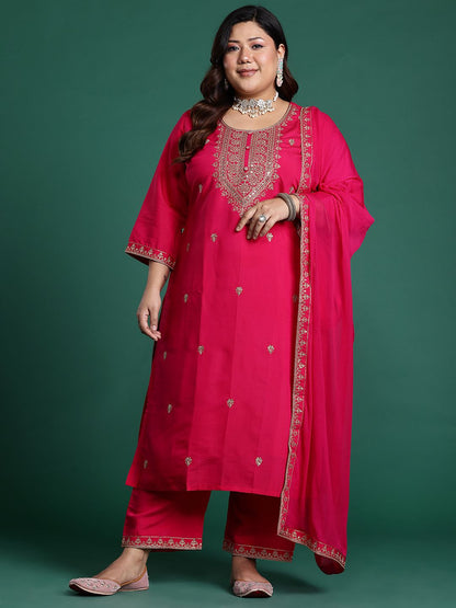 Dhiyona IE Plus Size Ethnic Motifs Embroidered Sequinned Kurta with Trousers & With Dupatta
