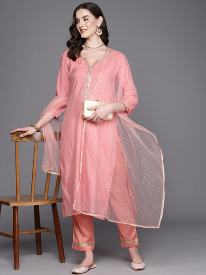 Dhiyona IE Embroidered Regular Sequinned Chanderi Silk Kurta with Trousers & Dupatta