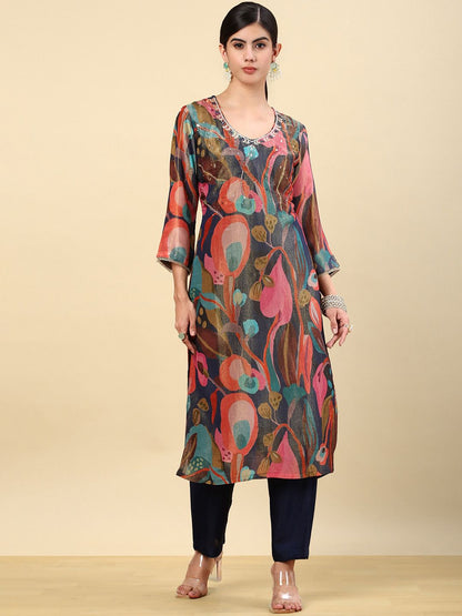 Dhiyona SO Women's Green Floral Printed Gotta Patti Organza Kurta with Trousers & With Dupatta