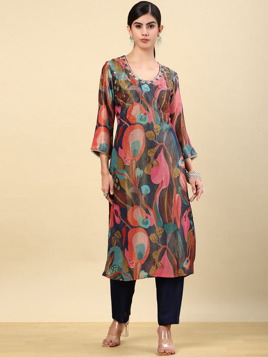 Dhiyona SO Women's Green Floral Printed Gotta Patti Organza Kurta with Trousers & With Dupatta