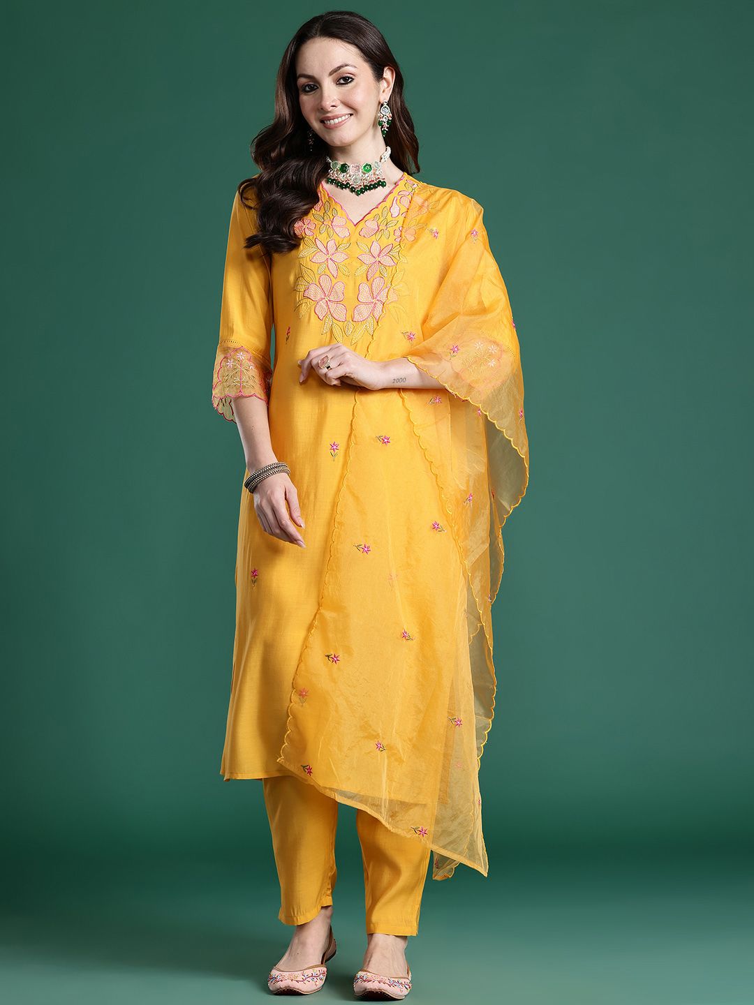 Floral Embroidered Thread Work Kurta with Trousers & With Dupatta