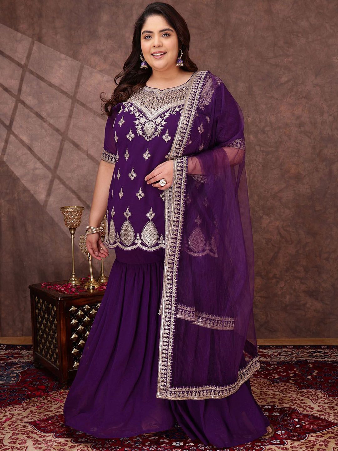 Dhiyona IN Women Plus Size Ethnic Motifs Sequinned Kurta with Sharara & Dupatta