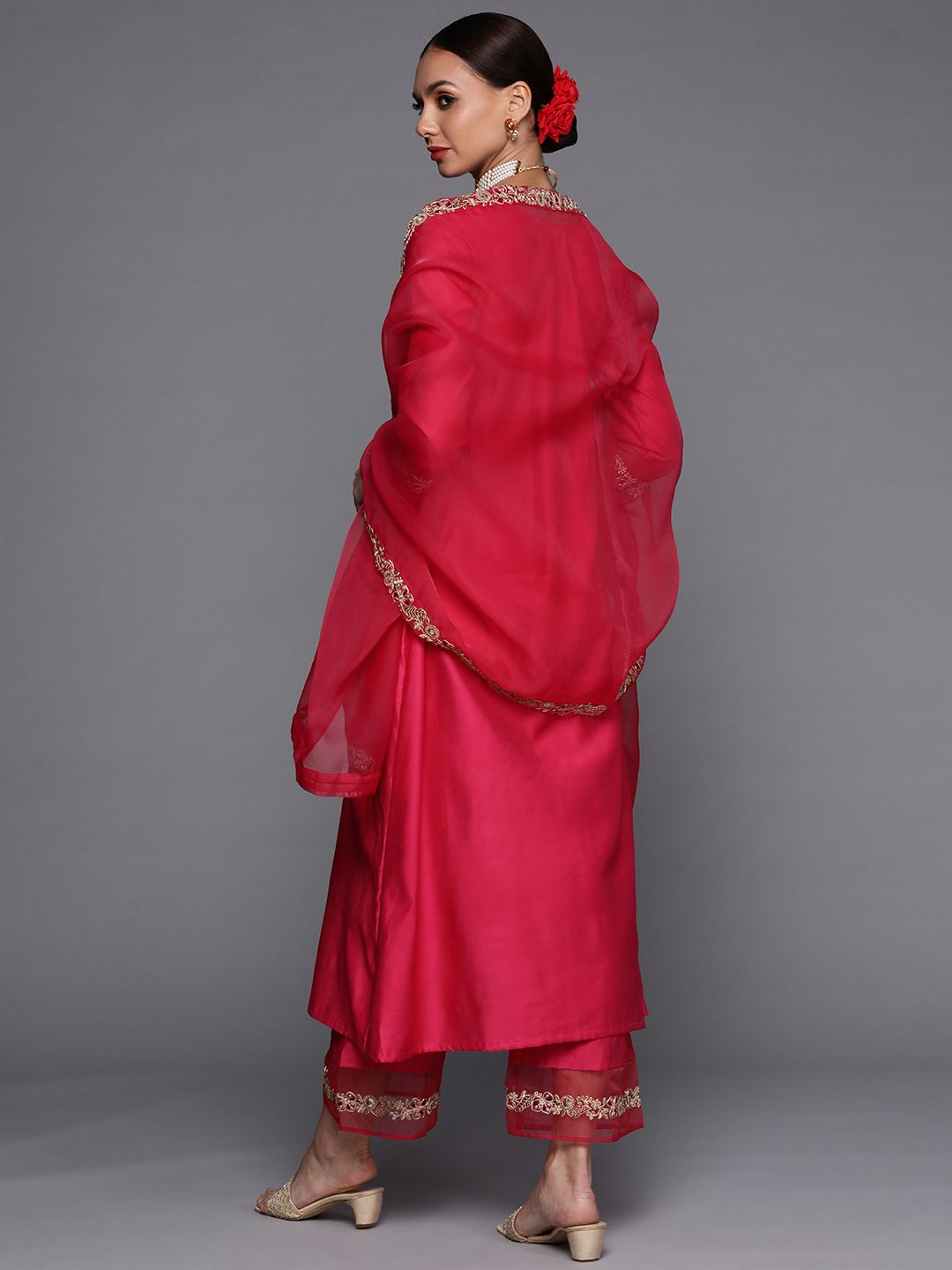 Women Pink & Gold Yoke Embroidered Sequinned A-Line Kurta Palazzos Dupatta