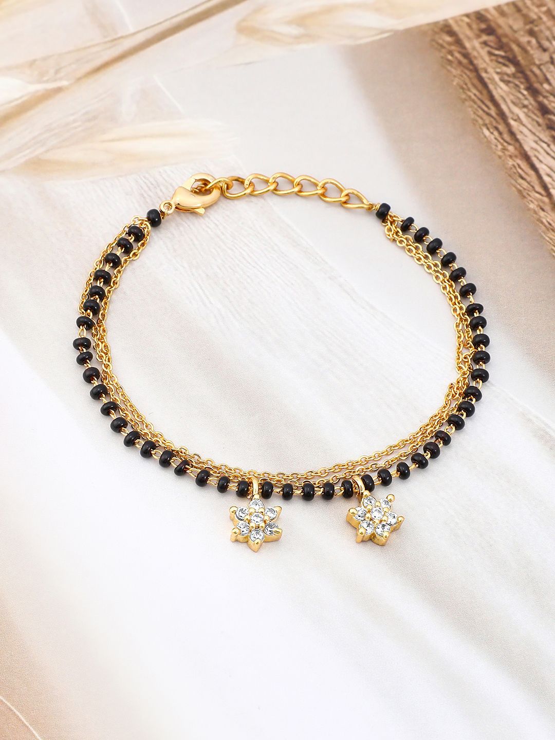 Dhiyona RJ Women's 18K Gold-Plated Zirconia Drops with Black & Gold Beaded Mangalsutra Bracelet