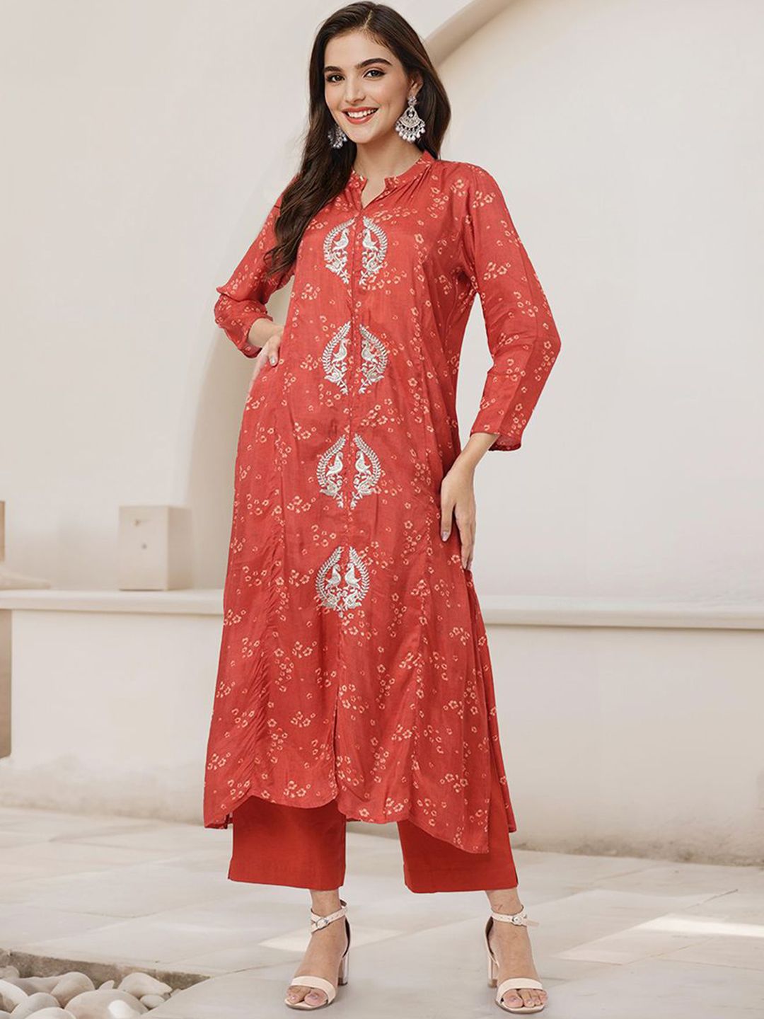 Dhiyona IS Women's Bandhani Printed Mandarin Collar A-Line Kurta With Trousers