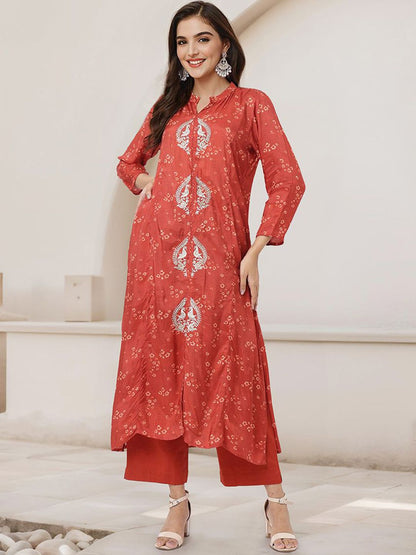 Dhiyona IS Women's Bandhani Printed Mandarin Collar A-Line Kurta With Trousers