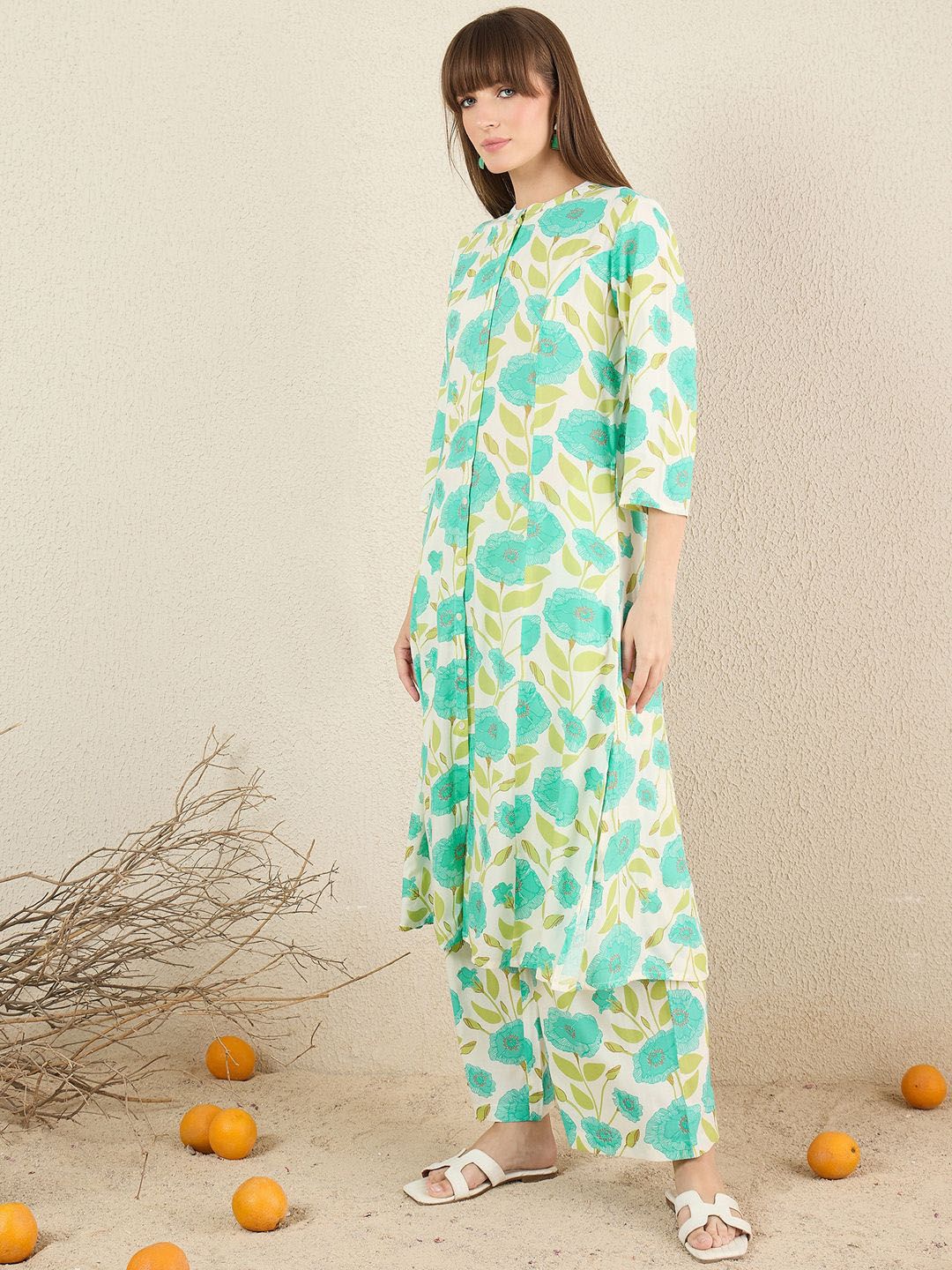 Floral Printed Mandarin Collar A-Line Kurta With Palazzos