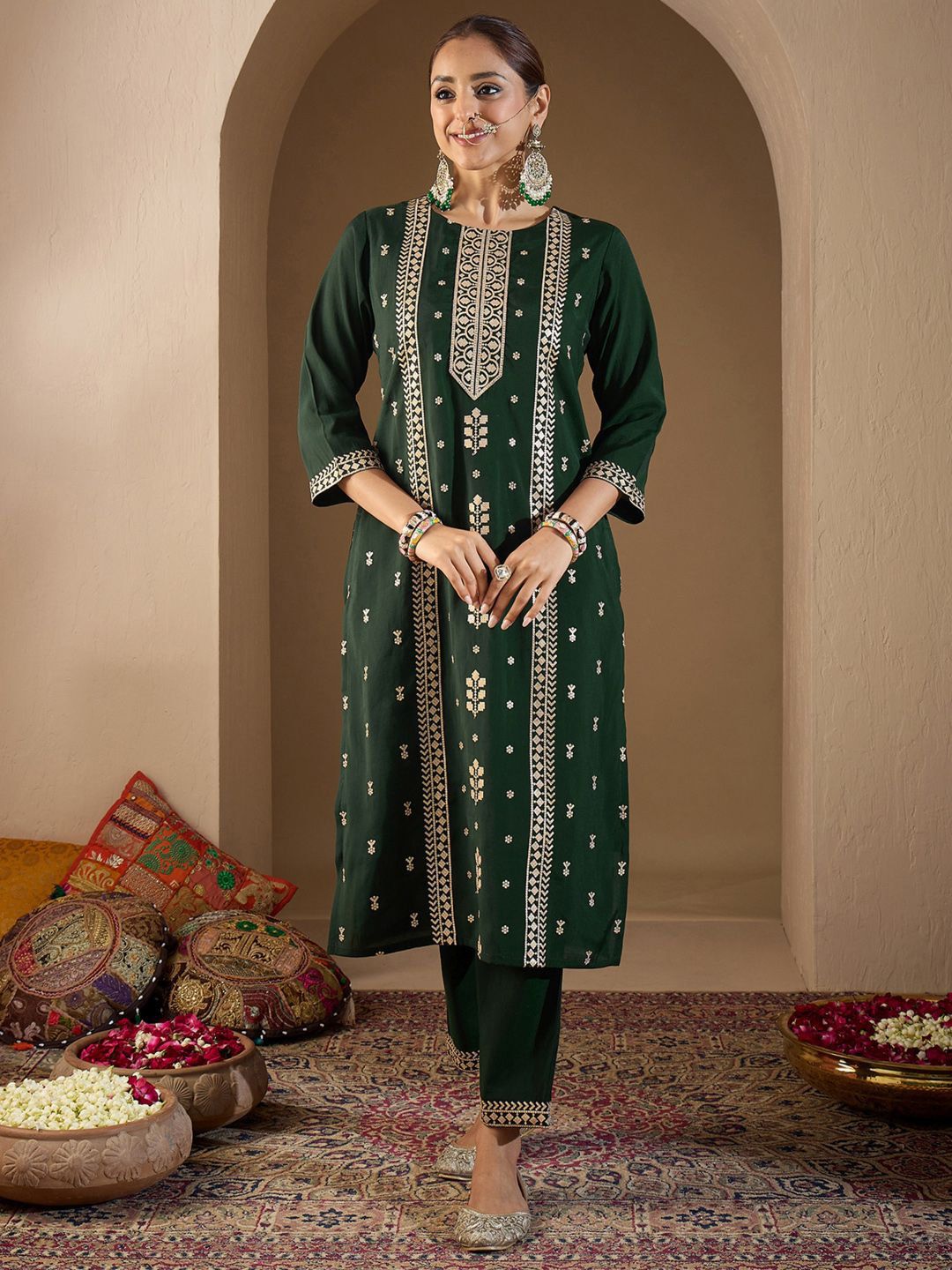 Women Ethnic Motifs Embroidered Regular Sequinned Kurta with Trousers & With Dupatta