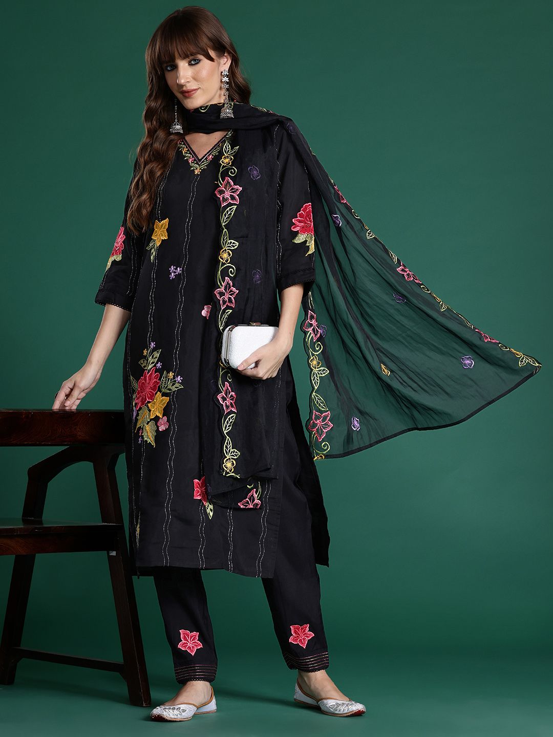 Floral Embroidered Sequinned Kurta With Trousers & Dupatta