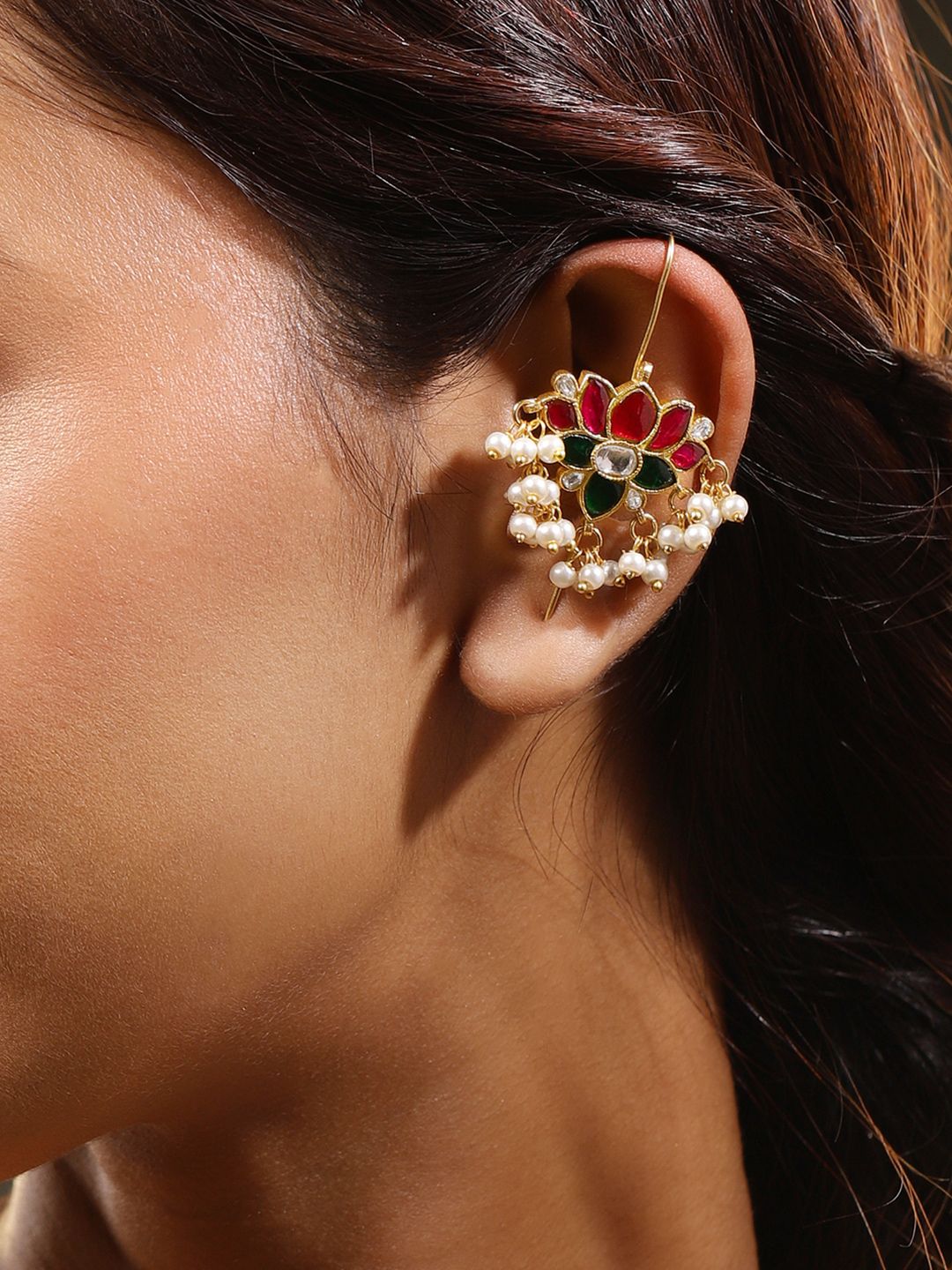 Dhiyona RJ Women's 22K Gold-Plated Ruby Pink, Emerald & Kundan Pearl Beads Lotus Design Ear Cuff