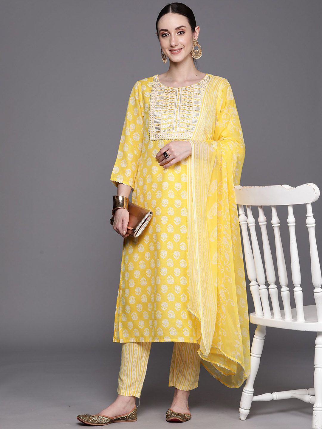 Dhiyona IE Floral Printed Three-Quarter Sleeves Sequinned Pure Cotton Straight Kurta Set
