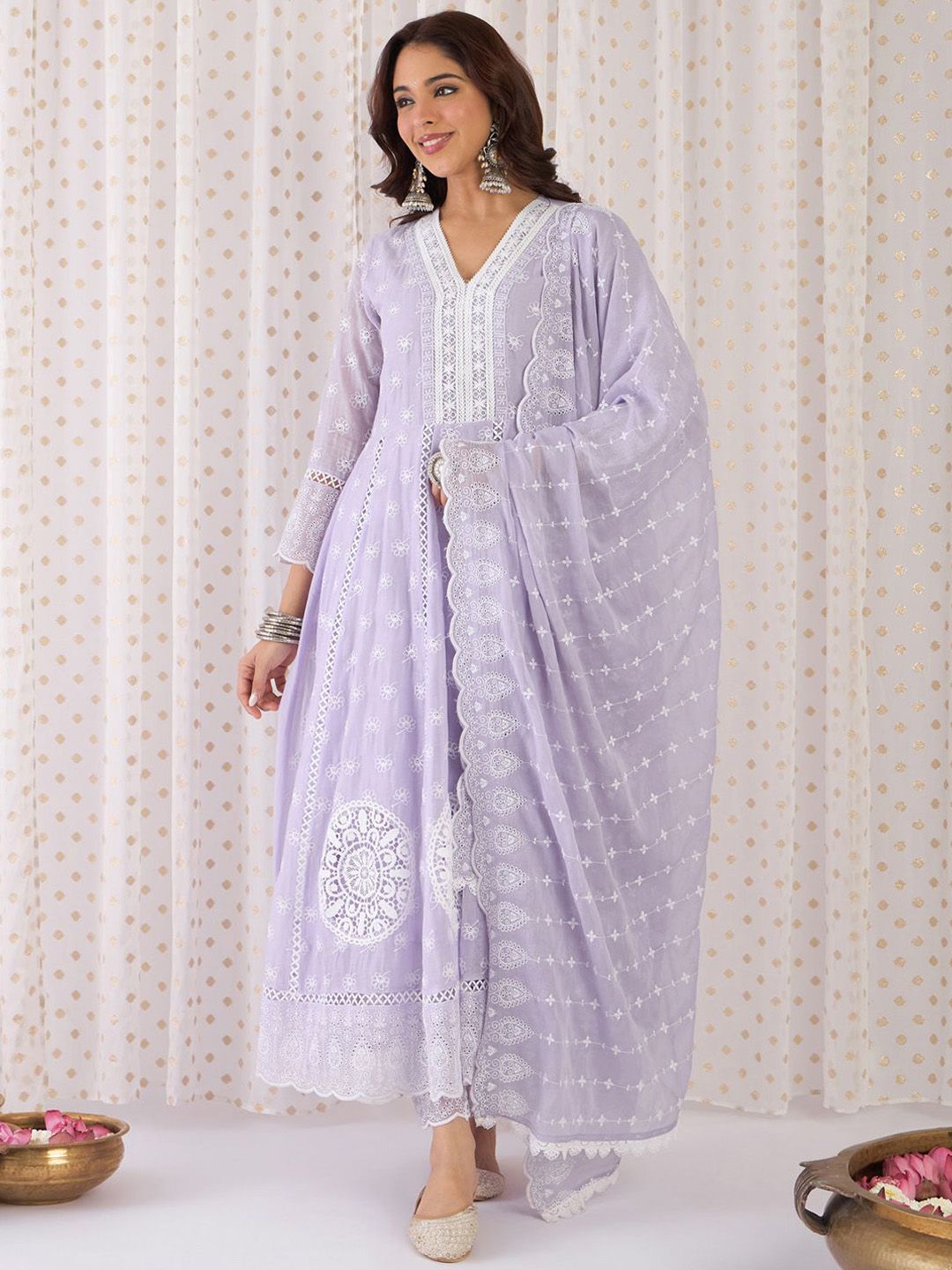Women Ethnic Motifs Thread Work Pure Cotton Kurta with Trousers & With Dupatta