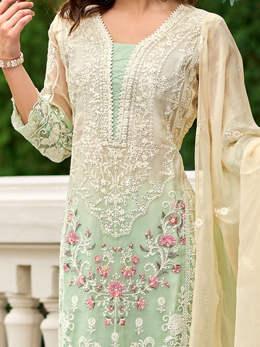 Floral Embroidered Sequinned Straight Organza Kurta With Trousers And Dupatta