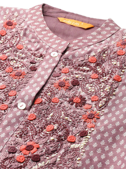 Dhiyona IE Floral Printed Thread Work Chanderi Silk Kurta with Trousers & With Dupatta