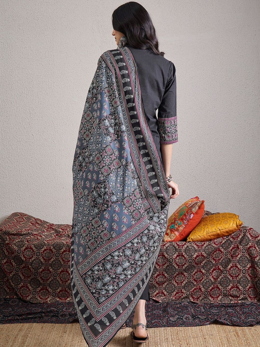 Ethnic Motifs Printed Mirror Work Pure Cotton Kurta With Trousers & Dupatta