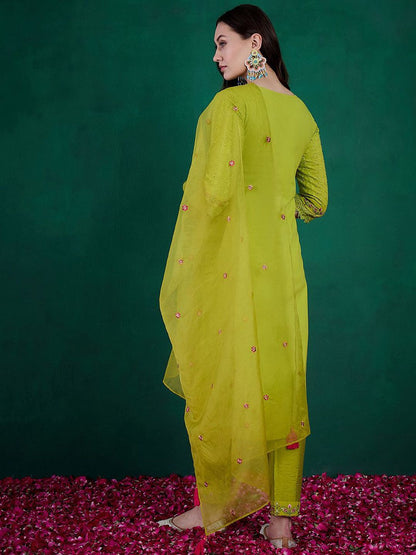 Dhiyona SN Women's Lime Green Floral Embroidered Straight Kurta With Trouser & Dupatta