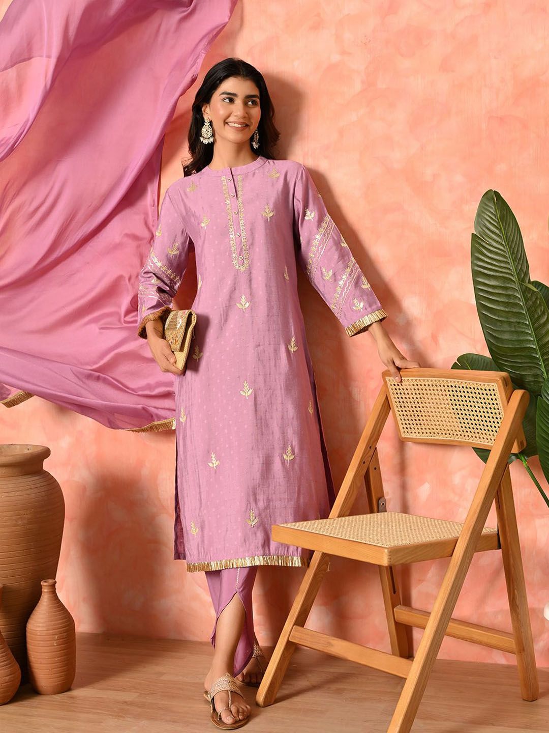 Dhiyona SN Women's Solid Embroidered Kurta with Dhoti Pant & Dupatta