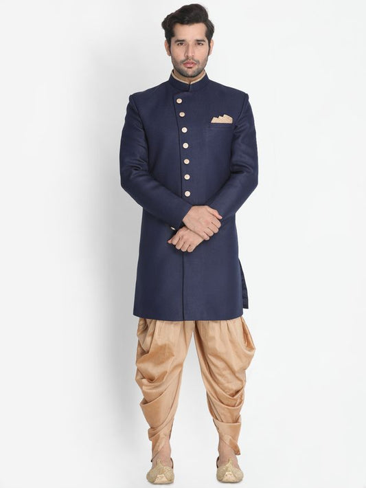 Men's Dark Blue Polyester Lurex Blend Straight Sherwani Set