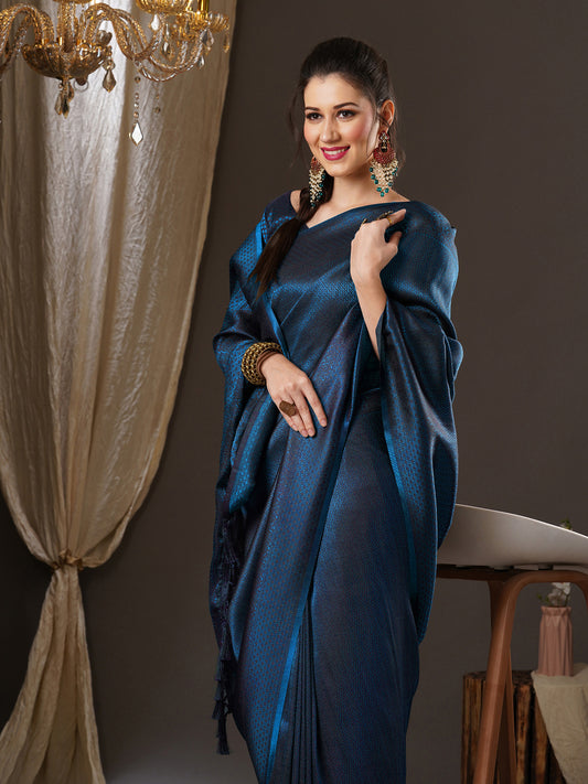 Women's Georgette Teal blue Woven Design Woven saree With Blouse Piece