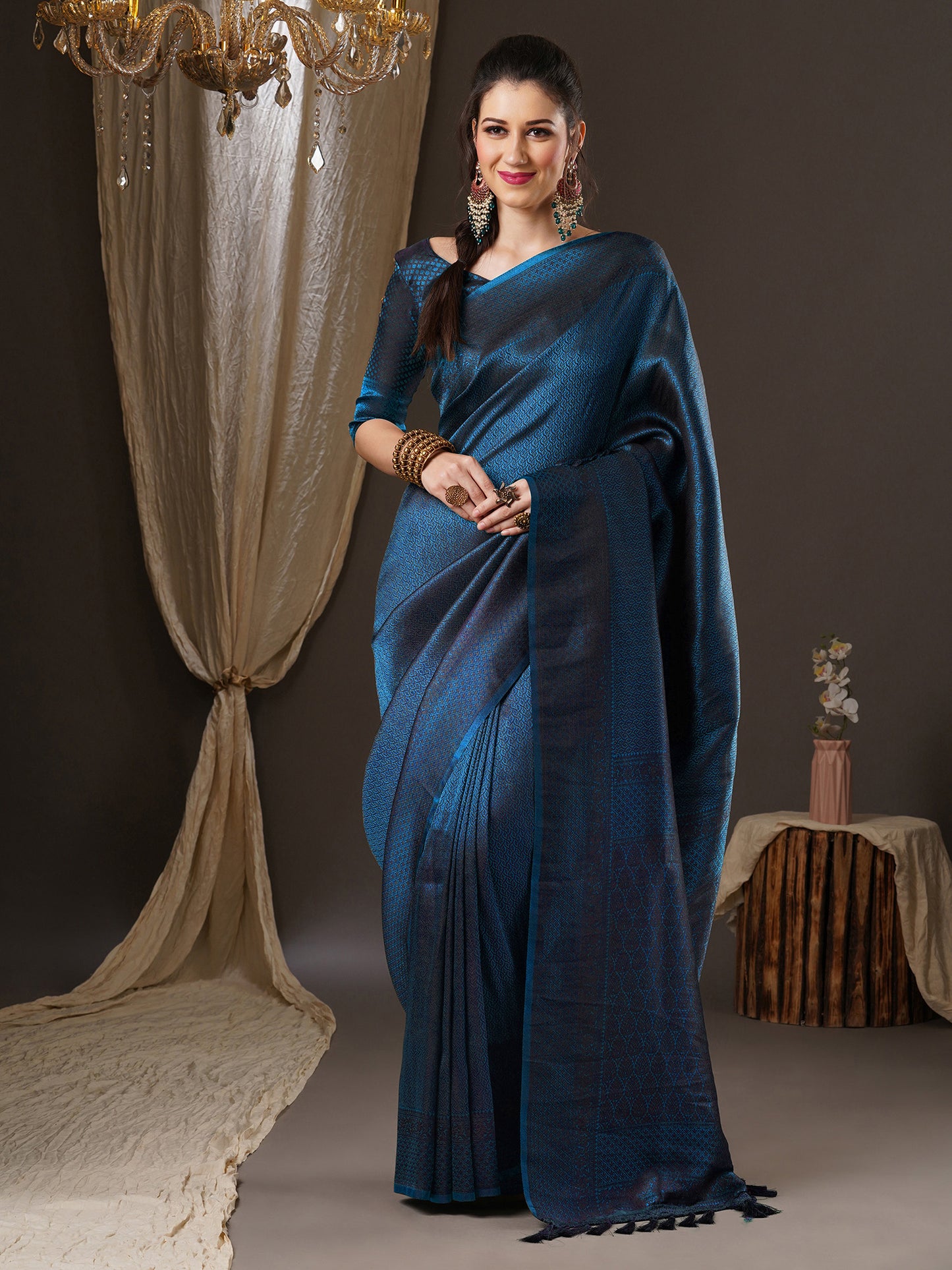 Women's Georgette Teal blue Woven Design Woven saree With Blouse Piece