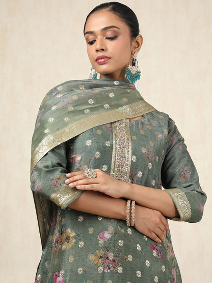 Dhiyona SO Women's Floral Printed Mirror Work Straight Kurta With Trousers & Dupatta