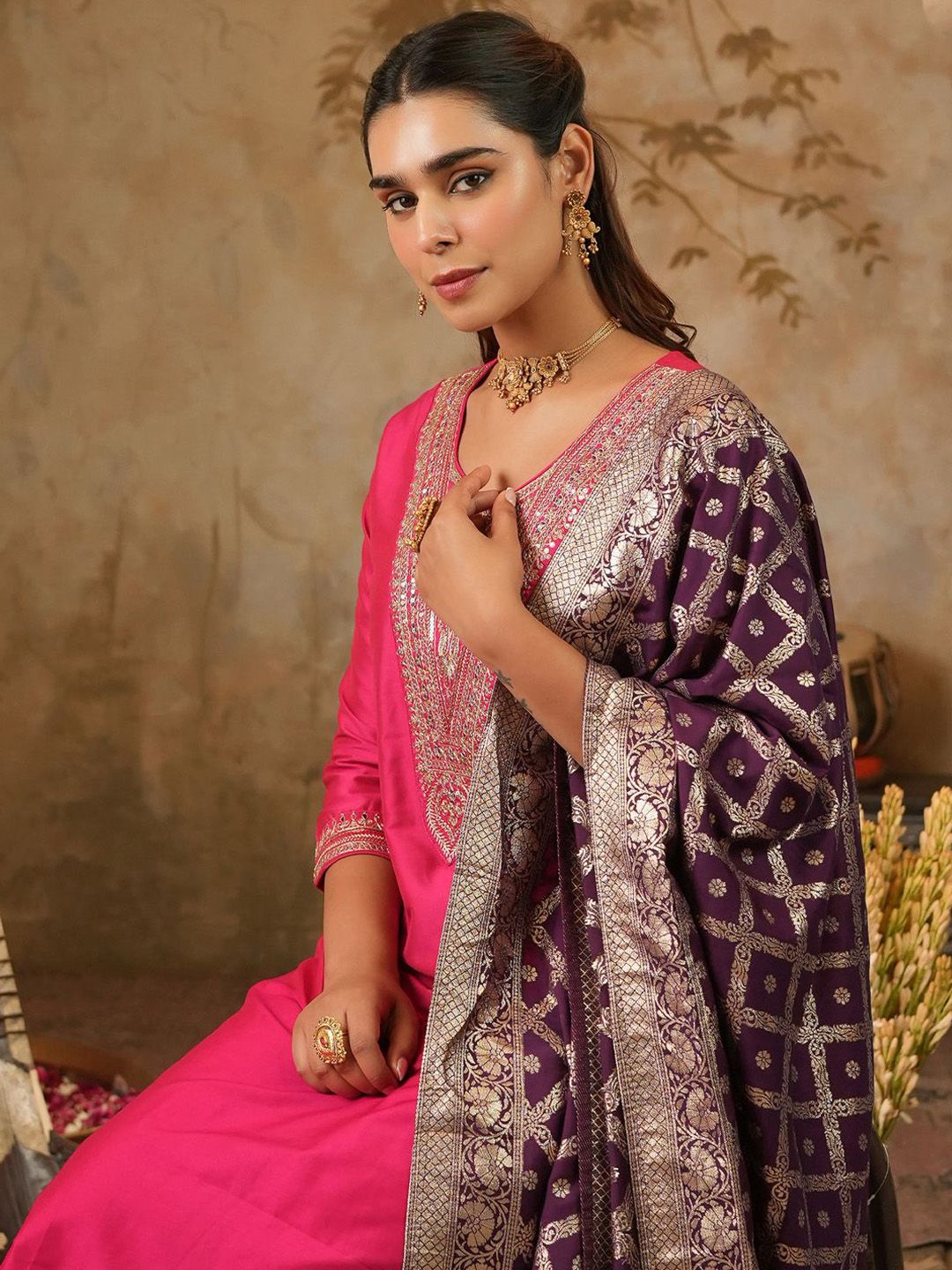 Embroidered Sequinned Kurta With Trousers & Dupatta