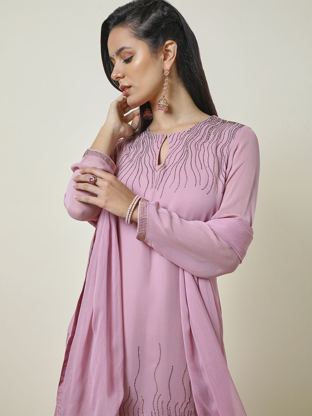 Dhiyona SO Women's Embroidered Regular Beads and Stones Straight Kurti with Sharara & Dupatta