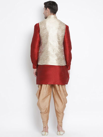 Men's Maroon Silk Blend Straight Jacket  Kurta and Dhoti Set