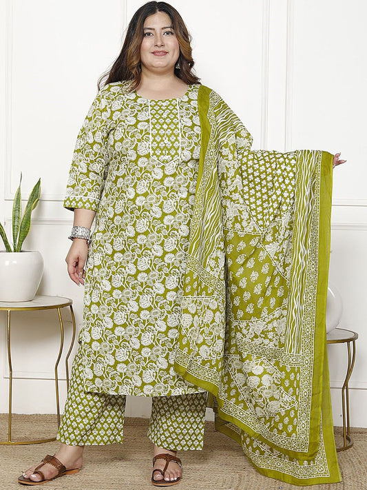 Dhiyona KL Women Floral Printed Regular Sequinned Pure Cotton Kurta with Trousers & With Dupatta