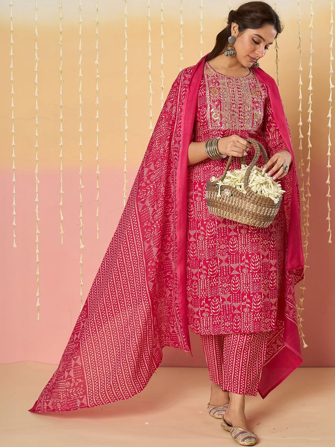 Women Ethnic Motifs Printed Regular Thread Work Pure Cotton Kurta with Trousers & With Dupatta