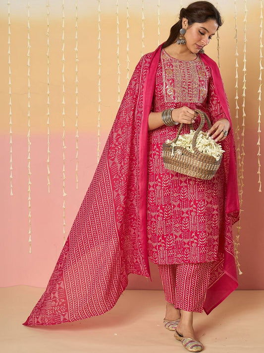 Women Ethnic Motifs Printed Regular Thread Work Pure Cotton Kurta with Trousers & With Dupatta