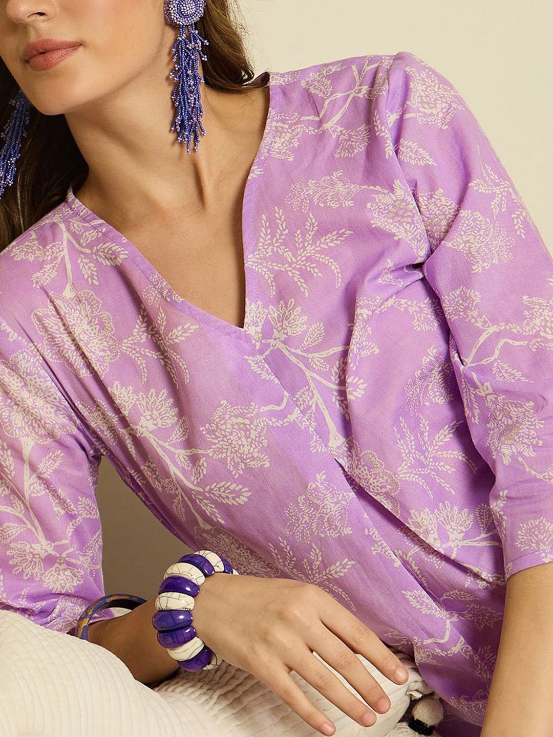 Dhiyona IE Printed A-Line Pure Cotton Tunic With Trousers