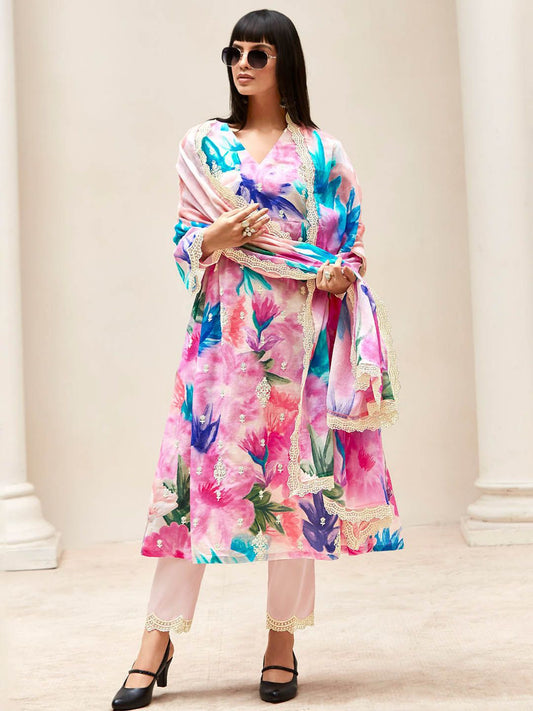 Dhiyona IE Women Floral Embroidered Regular Thread Work Kurta with Trousers & With Dupatta