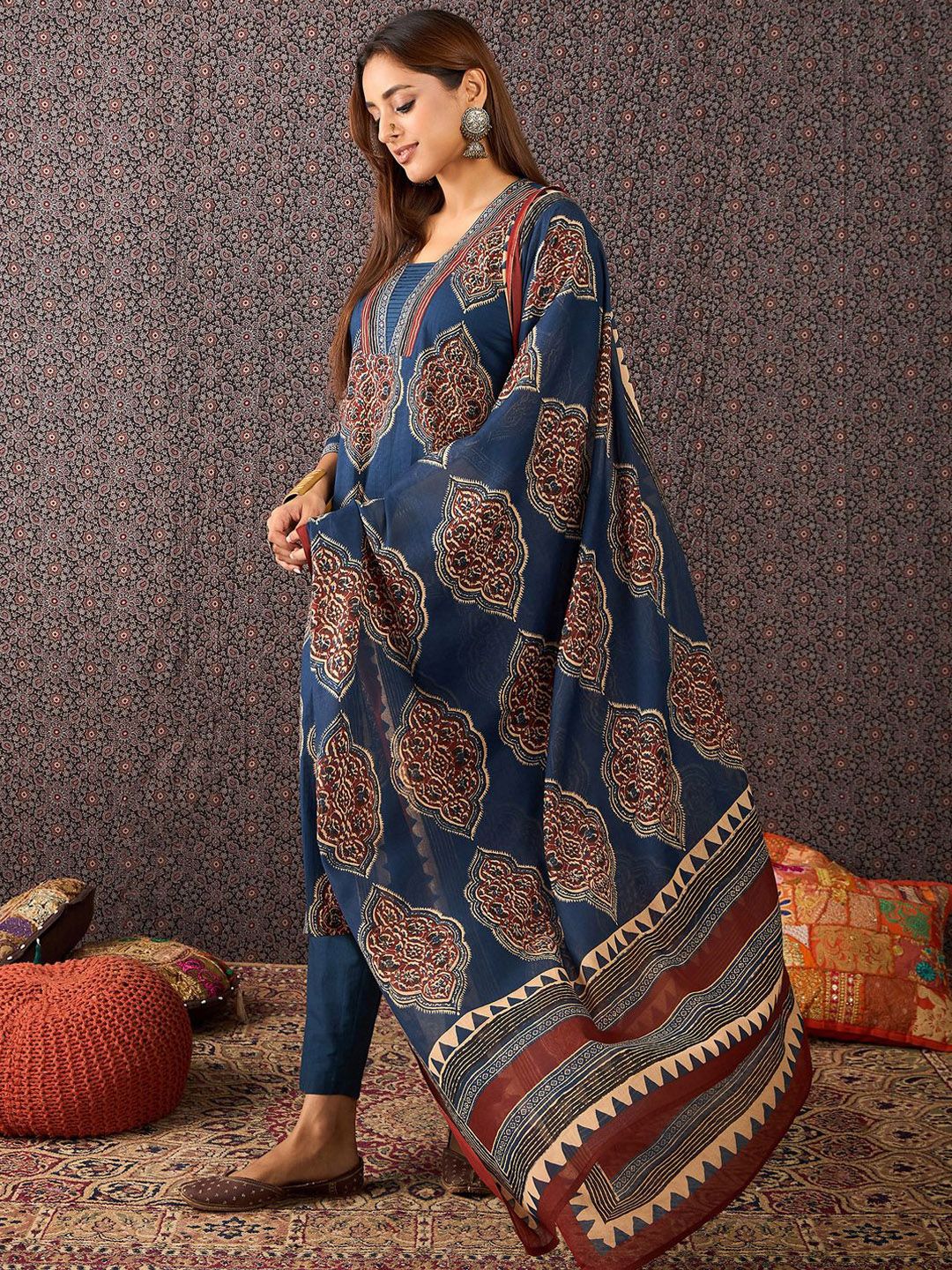 Women Ajrakh Printed Straight Kurta Trousers With Dupatta Set