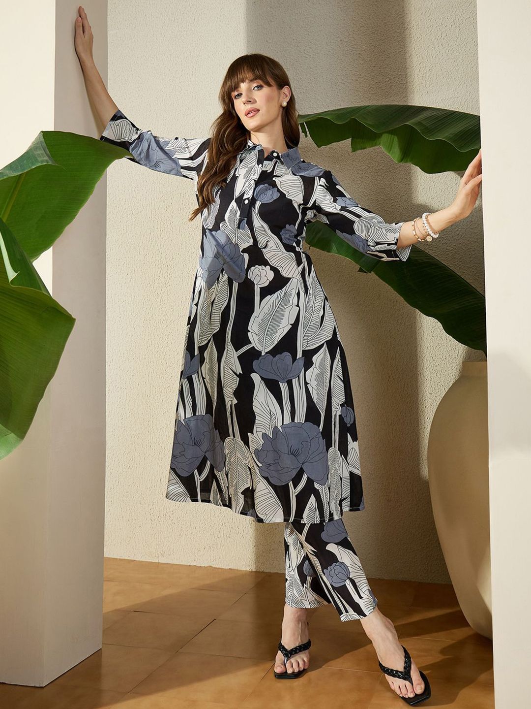 Dhiyona IE Floral Floral Printed Pure Cotton Shirt Collar Tunic With Trousers