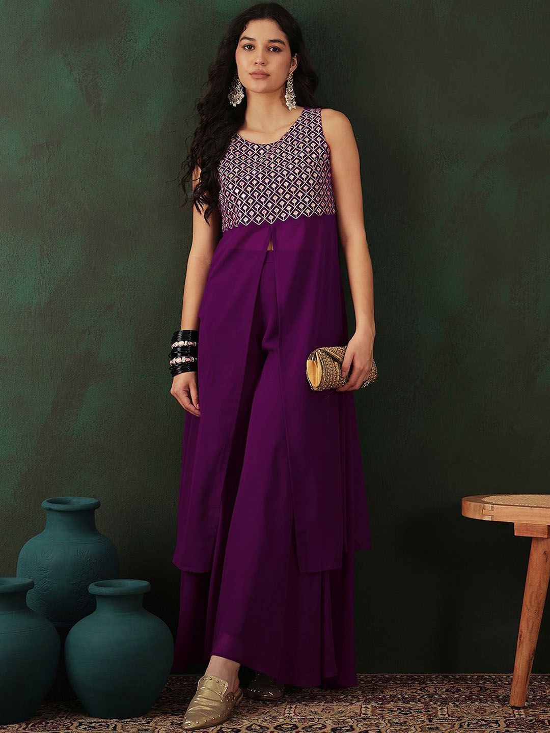 Dhiyona SN Women's Magenta Geometric Embroidered High Slit A-Line Kurta With Trouser