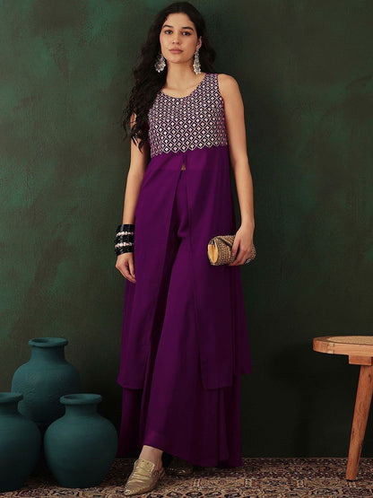 Dhiyona SN Women's Magenta Geometric Embroidered High Slit A-Line Kurta With Trouser