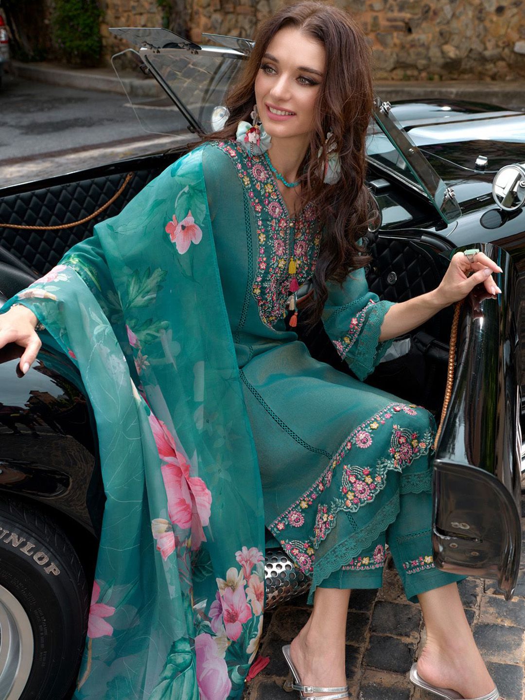 Floral Embroidered Thread Work Kurta With Trousers & Dupatta