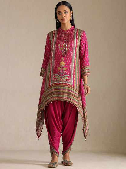 Dhiyona SO Women's Women Ethnic Motifs Printed Tie-Up Neck Regular Kurta with Dhoti Pants