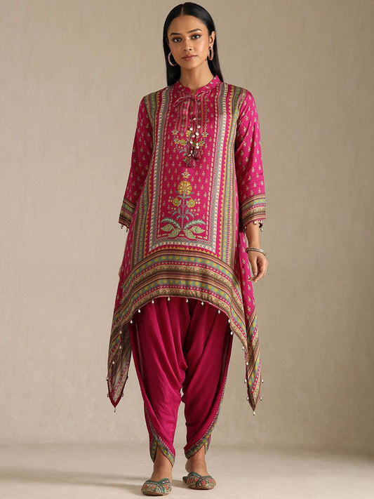 Dhiyona SO Women's Women Ethnic Motifs Printed Tie-Up Neck Regular Kurta with Dhoti Pants