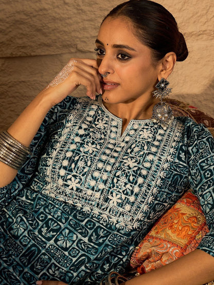 Women Ethnic Motifs Printed Regular Thread Work Pure Cotton Kurta with Trousers