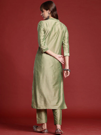 Dhiyona IE Floral Embroidered Mandarin Collar Straight Tunic And Trousers