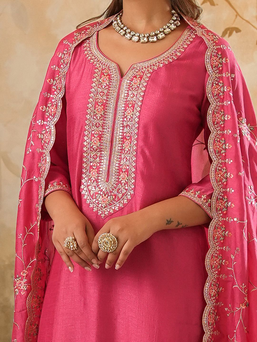 Women Woven Design Embroidered Kurta with Trousers & Dupatta