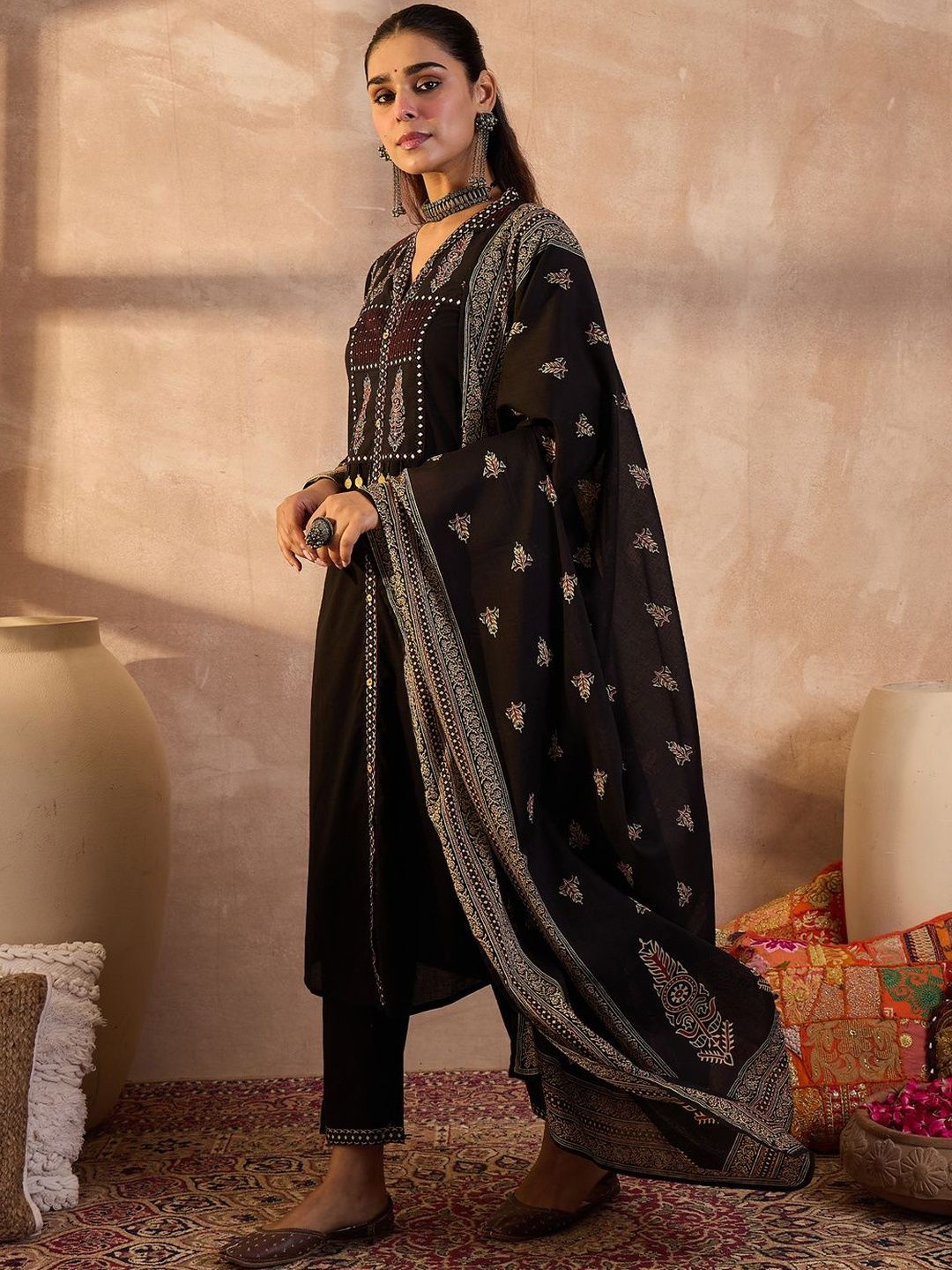 Women Embroidered Pure Cotton Kurta With Trousers & Dupatta Kurta Sets