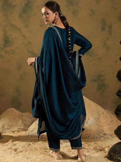 Ethnic Embroidered Thread Work Round Neck Silk Blend Kurta with Trouser & Dupatta